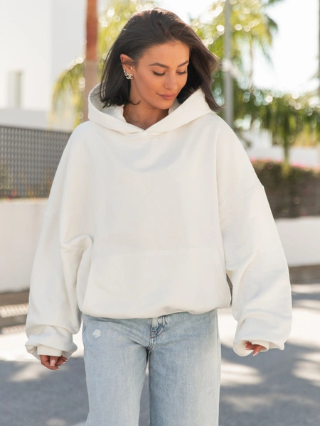 Viralowa Dresowa bawełniana BLUZA z kapturem oversize szeroka ecru E644