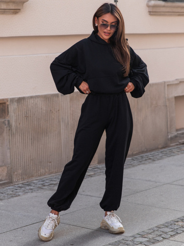 Dresowy bawełniany KOMPLET oversizowy bluza z kapturem i szerokie spodnie ze ściągaczami czarny E315