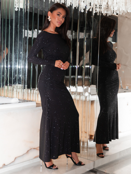 Maxi SUKIENKA z gołymi plecami drapowana z dzianiny pokrytej brokatem czarna E607 k01