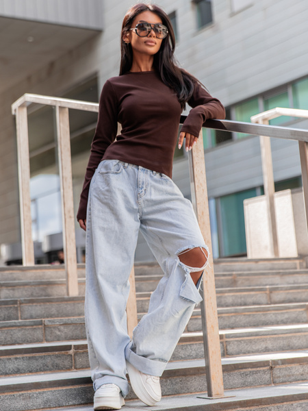 Basic Bawełniana BLUZKA z prążkowanej dzianiny czekoladowa X355