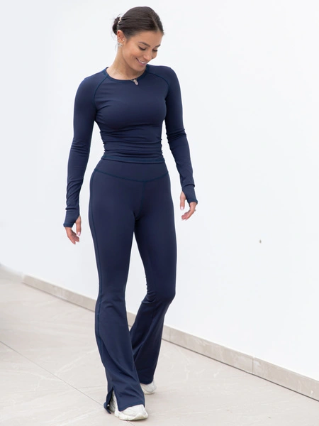 FITNESS / SIŁOWNIA / JOGA dopasowane SPODNIE legginsy z rozszerzanymi nogawkami z wysokim stanem navy blue F103