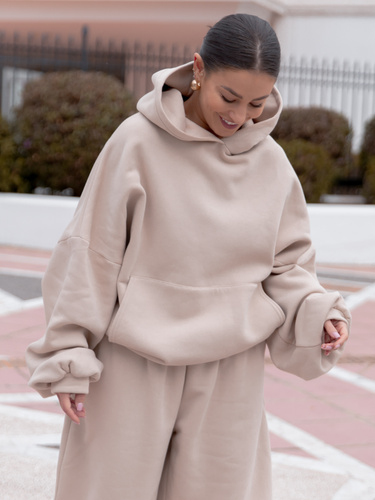 Dresowa bluza z bawełny baggy z kangurką i kapturem beżowa X562