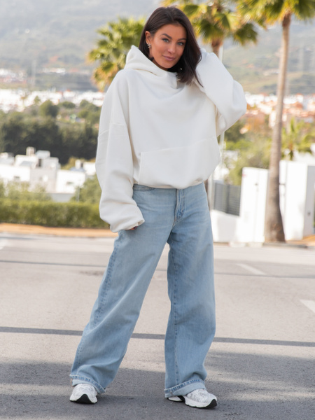 Viralowa Bawełniana BLUZA z drapanego dresu z kapturem na stójce z kieszeniami kangurka ecru E1