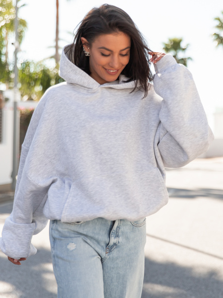 Viralowa Dresowa bawełniana BLUZA z kapturem oversize szeroka szary melanż E644