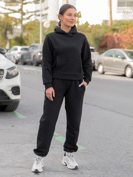 Dresowy bawełniany KOMPLET bluza z kapturem kangurka i spodnie czarny X550