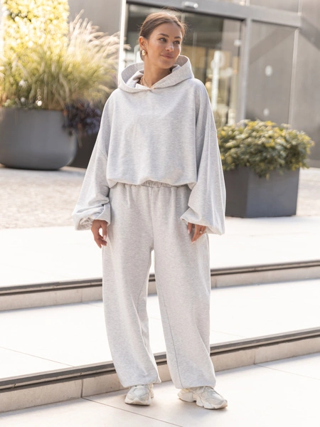 Bawełniana dresowa BLUZA z kapturem oversize z szerokimi rękawami z dresu pętelkowego szary melanż X515