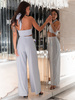 Elegancki brokatowy KOMPLET top halter i szerokie spodnie srebrny E653 k01