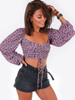 KRÓTKA MARSZCZONA BLUZKA SZEROKIE RĘKAWY fioletowa w kwiatki B162 k01