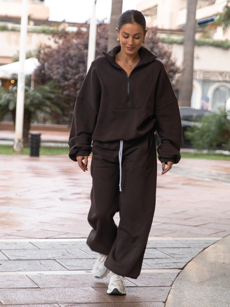 ZESTAW DRESOWY: Oversizowa BLUZA z dresu drapanego na stójce z zamkiem X477 + Oversizowe SPODNIE dresu drapanego z przeszyciem i ściągaczami X476