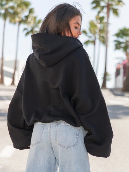 Oversizowa BLUZA z kapturem zapinana na zamek bluzowana kangurka z bawełnianej dresówki czarna X1