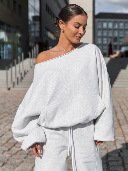 Dresowa bawełniana BLUZA opuszczana na ramiona oversize szeroka szary melanż X400