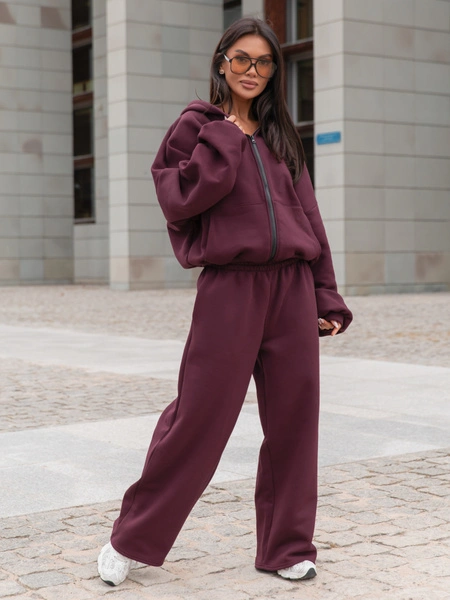 Oversizowa BLUZA z kapturem zapinana na zamek bluzowana kangurka z bawełnianej dresówki deep plum / śliwkowy X1