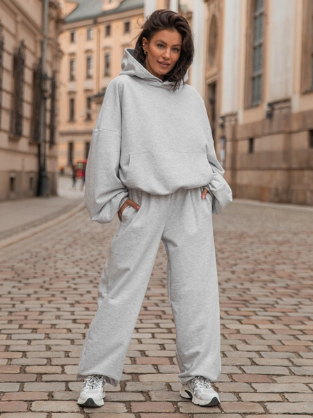Luźne SPODNIE baggy z bawełnianej dresówki niedrapanej od wewnątrz szary melanż X151
