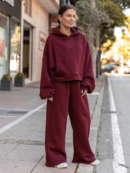 Bawełniane dresowe SPODNIE szeroki krój bez ściągaczy z dresu drapanego bordowe X512