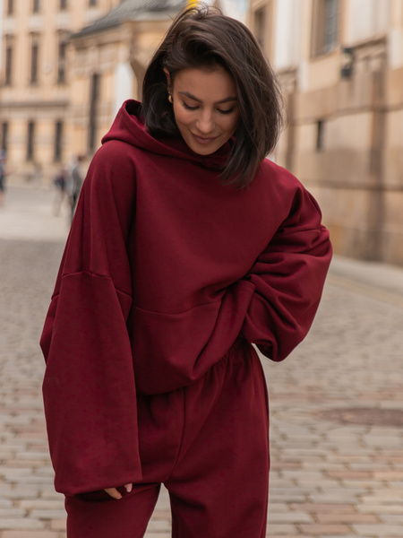 Luźna BLUZA z kapturem oversize szeroka z bawełnianej dresówki niedrapanej od wewnątrz bordowa X150