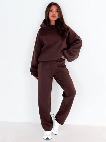 Dresowe bawełniane SPODNIE z wysokim stanem luźny krój brązowe E359 k01