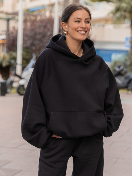 Dresowa bawełniana BLUZA z kapturem oversize z raglanowymi rękawami czarna X509