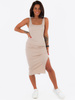 Bawełniana asymetryczna midi sukienka na ramkach beżowa c177 k01