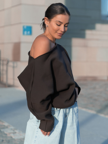 Dresowa bawełniana BLUZA opuszczana na ramiona oversize szeroka czekoladowa X413 k01