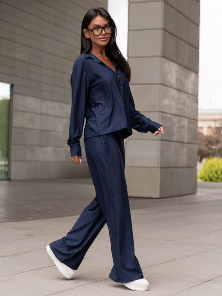 Wiskozowy codzienny KOMPLET lużna bluzka o kroju koszuli i luźne spodnie navy blue X357 k01