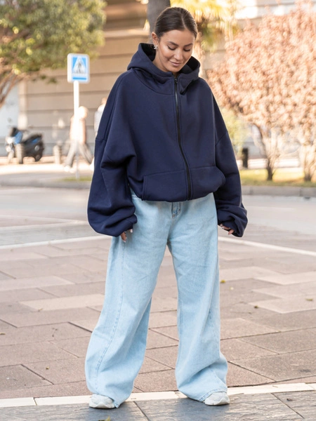 Bawełniana oversizowa BLUZA z kapturem zapinana na zamek z dresu drapanego navy blue X508