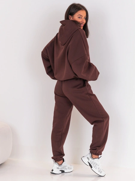 Dresowe bawełniane SPODNIE z wysokim stanem luźny krój ze ściągaczami brązowe E341