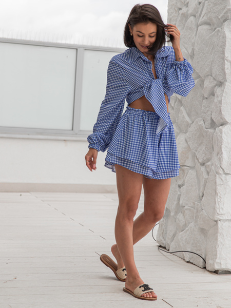Zwiewna KOSZULA oversizowa wiązana w kratkę navy blue X206 k01