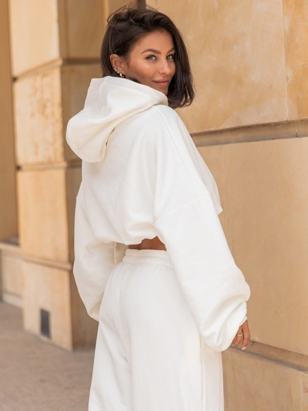 Dresowa bawełniana BLUZA kangurka z kapturem o krótszym kroju bluzowana ecru X304