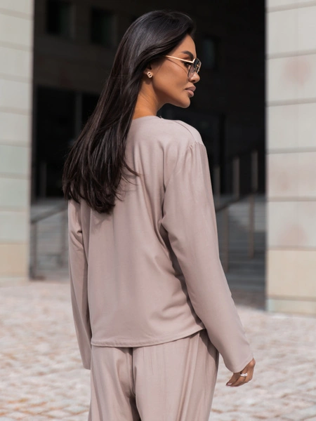 Wiscozowy luźny szeroki T-SHIRT z długim rękawem mokka X415