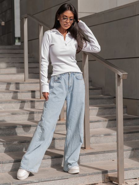 Basic Bawełniana BLUZKA z prążkowanej dzianiny z kołnierzykiem biała X405