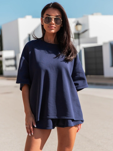 Dresowy bawełniany KOMPLET długi oversizowy t-shirt i krótkie spodenki navy blue X134