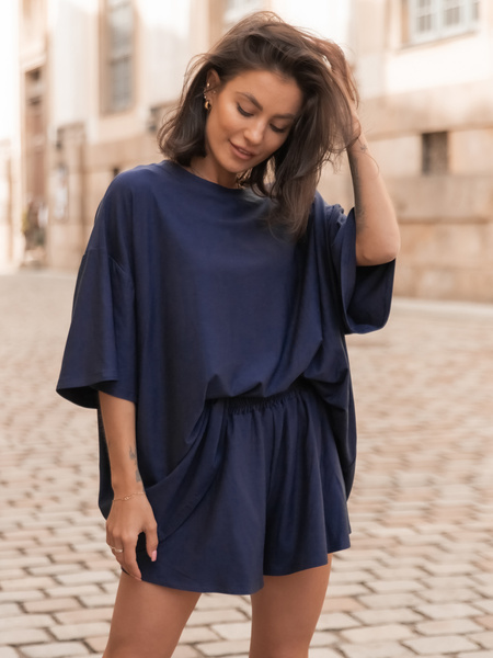 Wiscozowy KOMPLET luźny oversizowy t-shirt i krótkie spodenki z gumką w pasie navy blue X172 k01
