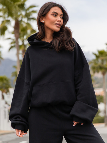 Viralowa Dresowa bawełniana BLUZA z kapturem oversize szeroka czarna E644