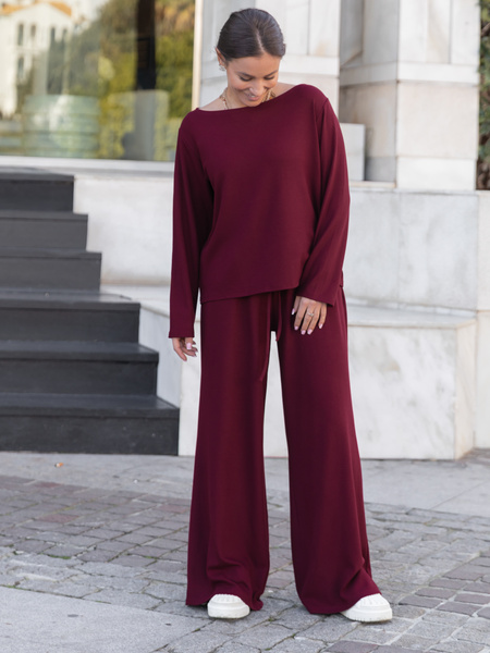 Luźna komfortowa BLUZKA z długim rękawem z prążkowanej dzianiny wiskoza i bawełna bordowa X506