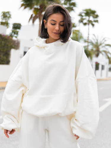 Viralowa Oversizowa BLUZA z kapturem bluzowana kangurka z bawełnianej dresówki ecru X2 k01