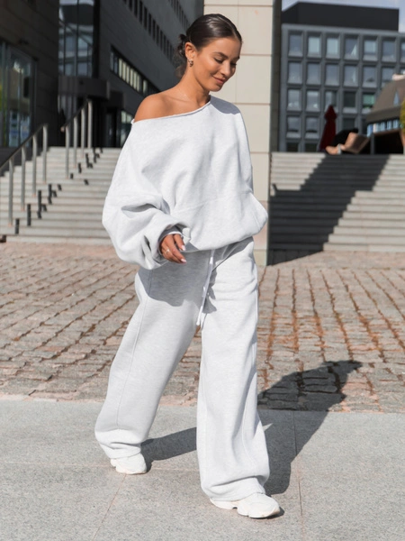 Dresowe bawełniane SPODNIE oversize ze średnim stanem z przeszyciami szary melanż X401