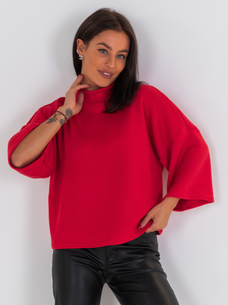 Luźny SWETER z krótszym rękawem o prostym kroju czerwony E513 k01