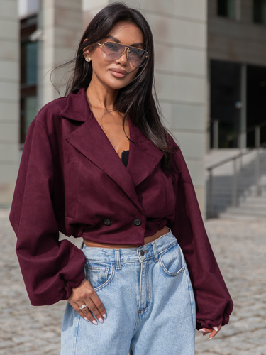 Oversizowa zamszowa krótka KURTKA o szerokim kroju ze ściągaczem bordowa X407