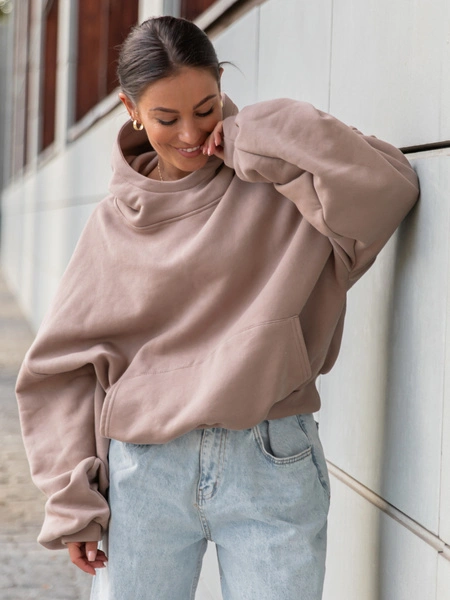 Viralowa Bawełniana BLUZA z drapanego dresu z kapturem na stójce z kieszeniami kangurka mokka E1