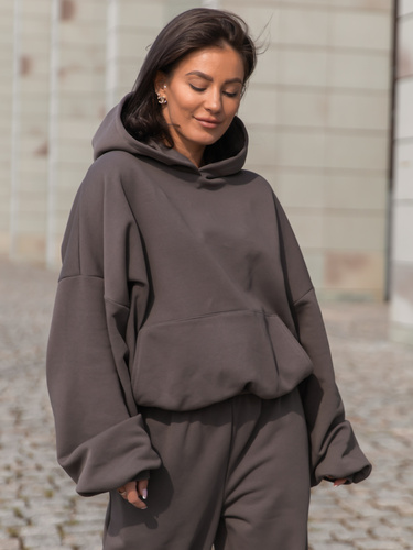 Viralowa Dresowa bawełniana BLUZA z kapturem oversize szeroka dark mokka E644