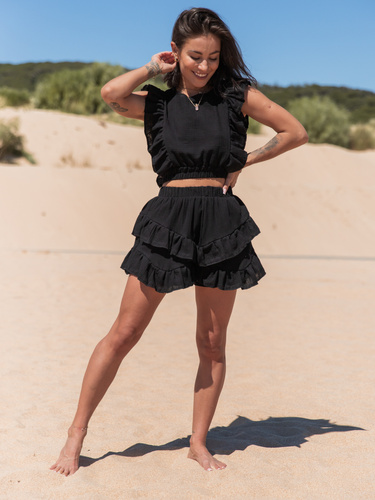 Muślinowy KOMPLET bluzka z falbankami i spódnico spodenki czarny X125 k01