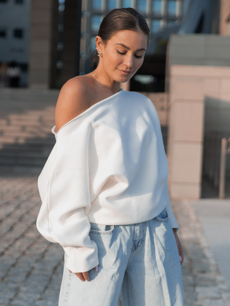 Dresowa bawełniana BLUZA opuszczana na ramiona oversize szeroka ecru X413