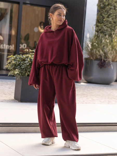 Bawełniane dresowe SPODNIE oversize baggy ze ściągaczami z dresówki pętelkowej bordowe X516