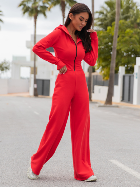 Bawełniana krótka dopasowana BLUZA dresowa z kapturem na zamek koralowa X58 k01