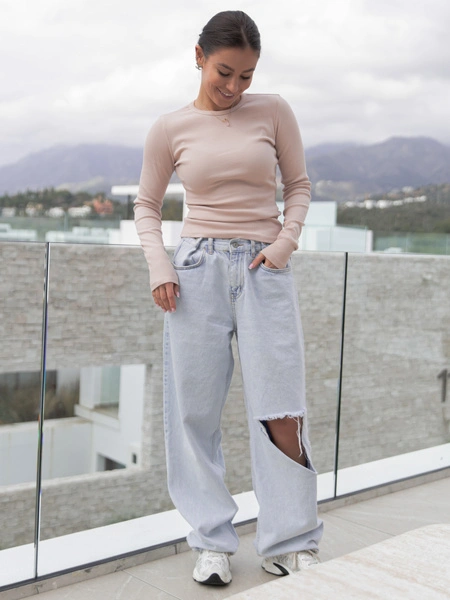 Bawełniana basicowa BLUZKA z prążkowanej dzianiny beżowa X513