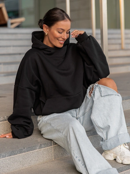 Viralowa Bawełniana BLUZA z drapanego dresu z kapturem na stójce z kieszeniami kangurka czarny E1