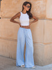 Lniane luźne długie SPODNIE z niższym stanem kolor jeansowy w tenisowy prążek X251 k01