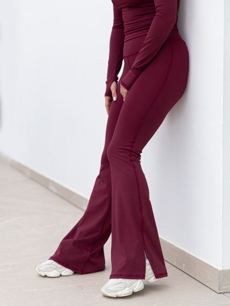 FITNESS / SIŁOWNIA / JOGA dopasowane SPODNIE legginsy z rozszerzanymi nogawkami z wysokim stanem bordowe F103