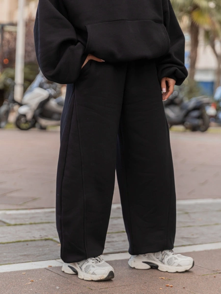 Dresowe bawełniane SPODNIE baggy ze ściągaczami i przeszyciami z dresu drapanego czarne X510