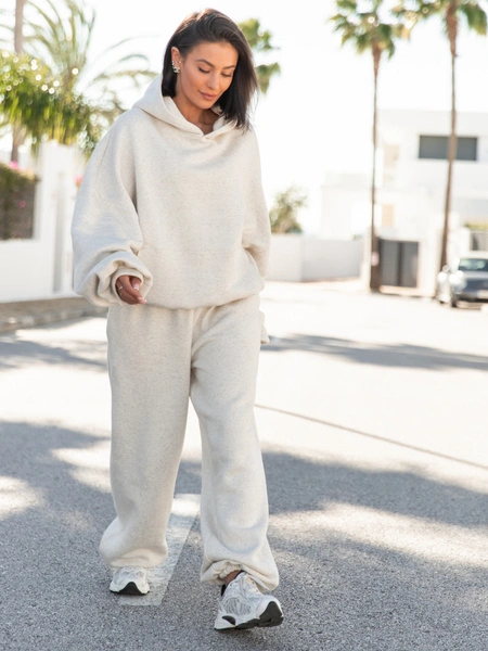 Viralowa Dresowa bawełniana z lnem BLUZA z kapturem oversize szeroka beż melanż E644 k01